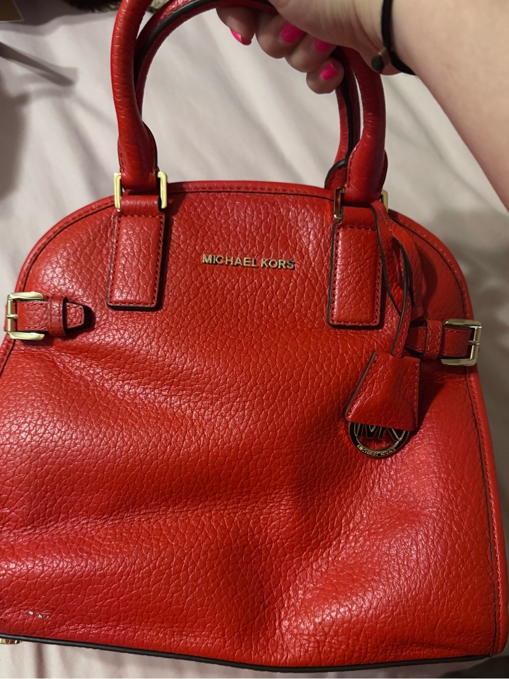 Michael Kors Red Pebbled Leather Dome Satchel with Gold-Tone Hardware - Picture 2 of 7